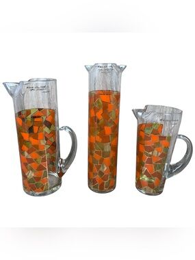 Vtg MCM West Virginia Glass Pitcher 3 Pc Set Orange & Gold Mosaic Glass 1960s